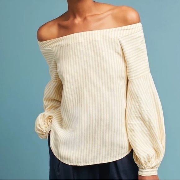Anthropologie Maeve Clotille Off The Shoulder Top Balloon Sleeves Yellow Striped - Picture 2 of 3